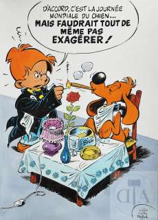 André Sipp/Boule et Bill. Dessin original réalisé en hommage à Roba. Superbe qualité d‘exécution qui illustre la maîtrise technique de l‘artiste. Encre de Chine et aquarelle signée. TBE+. 41 X 30 cm - Lot 382 :