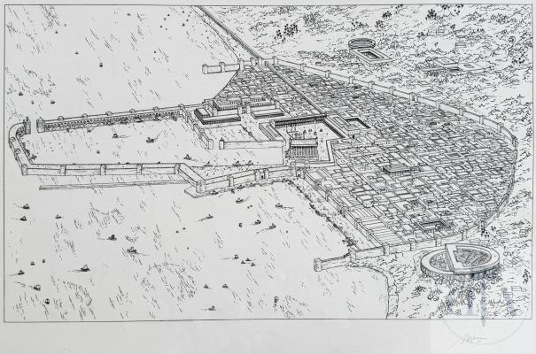 Henin / Les Voyages D’alix. Double Planche Originale Pour Les Pages 32 Et 33 de L’album T14 "Jérusalem" Qui Illustre Une Magnifique Vue Aérienne de La Ville de Césarée?. Superbe Qualité D’exécution Qui Illustra La Maîtrise Technique de Ce Digne Successeur de Jacques Martin. Encre de Chine Signé. Rare. Tbe+. ! 65 X 45 Cm ! |  | Dagoty