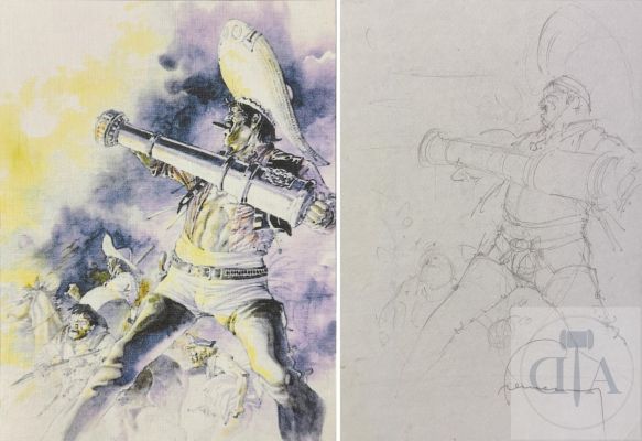 Hermann/Bernard Prince. Illustration Originale En Couleurs Préparatoire + Dessin, Réalisés Pour La Couverture de L’album T2 "Tonnerre Sur Coronado" Édité En 1998. Le Personnage de "El Loblo" Est Représenté Dans Tout Sa Splendeur! Mine de Plomb Et Aquarelle Signé. Rare. Tbe+. Format A4 X 2 ! |  | Dagoty