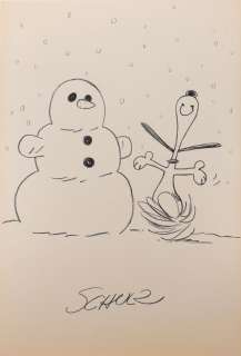 Charles Schultz large drawing of â€œSnoopyâ€ dancing with a Snowman. | Profiles in History