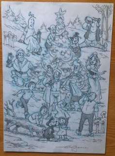 Suske en Wiske - originele tekening in potlood en blauwe steunkleur - Kerst bij de figuren Vandersteen | Catawiki