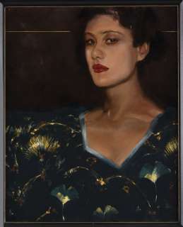 Jon J. Muth original woman in a patterned dress painting.