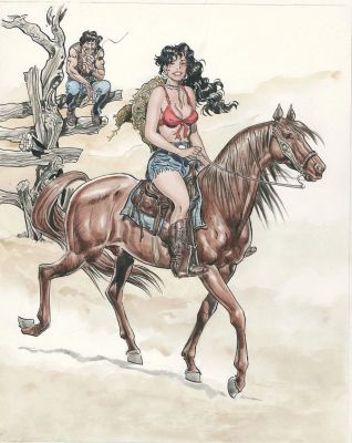 Malik = Pin-Up À Cheval, Dessin Original À L’encre de Chine Et À L’aquarelle. Dimensions : 28,5 Cm X 35,5 Cm. | Malik = Pin-up à cheval, dessin original à l’encre de chine et à… | Septimus