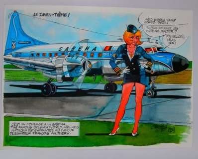 Jacot, Christian - Dessin original - Hommage Ã  Walthéry - La Sabena mise Ã  l’honneur - Douglas DC 7 présentée par Natacha - Loose page - (2019) | Catawiki