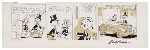 Carl Barks (1901-2000), "Scrooge McDuck" comic strip, 1969, Pencil, ink, and Zipatone on paper, Image: 5" H x 18" 18; Sheet: 6.5" H x 21" W | misc / divers