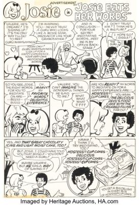 Dan DeCarlo and Jim DeCarlo (attributed) - Josie Hostess Cupcakes 1-Page Ad "Josie Eats Her Words" Original Art (Archie, 1976). | Heritage