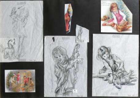 Marlier Marcel | Â«Martine et PatapoufÂ». Ensemble de 3 pages de crayonnés | Tessier Sarrou