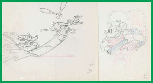 MOOSE HUNTERS PRODUCTION DRAWING PAIR FEATURING MICKEY MOUSE, DONALD DUCK & GOOFY. | Hake’s