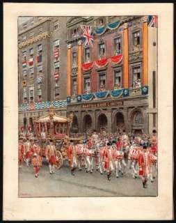 Matania, Fortunino (1881-1963) | Fortunino Matania - Originele illustratie op board ( 37,9 x 30 cm.) - Queen Elisabeth en de Duke of Edinbourgh in een koninklijke parade - (1953) | Catawiki