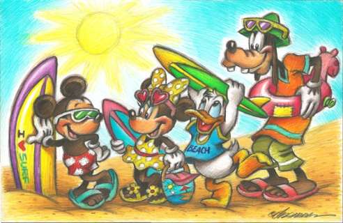 Joan Vizcarra | Mickey, Minnie, Donald & Pluto : SURFERS - Original Drawing - Joan Vizcarra - 50 x 32 cm | Catawiki
