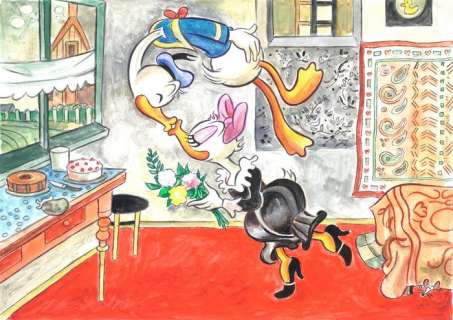 Tony Fernandez, Disney Artist | Donald & Daisy inspired by Marc Chagall "Birthday" - Original Painting - Signed by Tony Fernandez - Acrylic Art | Catawiki