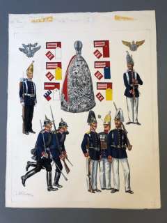 Funcken, Fred | Funcken, Fred - Dessin original couleur - L’Uniforme & armes des soldats XIXe siècle - Prusse infanterie de garde - (1969) | Catawiki