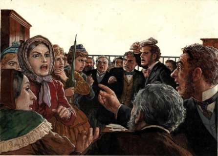 Petts, Ken (1907 - 1992) | Ken Petts - Gouache op board - Historische illustratie over vrouwenemancipatie in de 19e eeuw. - (1987) | Catawiki