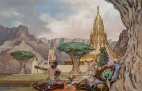  - Stephen Hickman (American, 1949)
 The Sea of Vaynu preliminary
 Mixed media on board
 6-1/4 x 9-3/4 inches (15.9 x 24.8 ...