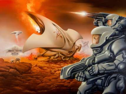  - Jim Burns (American, b. 1948)
 The Forever War book cover, 2013
 Acrylic on canvas
 30 x 41 in.
 Initialed and dated ‘20...