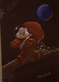 Bas Heymans | Bas Heymans - Schilderij - Olieverf op zwart aquarelkarton - ’Dagobert Duck in de ruimte met zak goud. | Catawiki