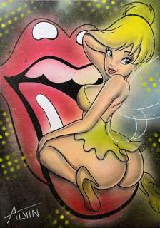 Alvin Silvrants | Tinkerbell sitting on Rolling Stones logo - Original drawing in colour by Alvin Silvrants | Catawiki