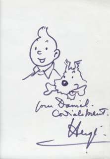 Hergé - Dédicace : Très joli dessin représentant Tintin et Milou (10x14cm, | Millon