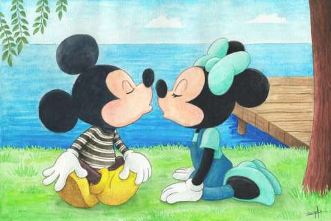 Jordi Juan Pujol | Mickey and Minnie’s Very First Kiss - Tribute To My Girl (Film 1991) - Original Painting - Jordi Juan Pujol - Signed (front and back) - Original Watercolor - Original Art | Catawiki
