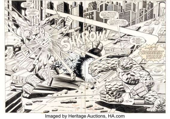 Ron Wilson and Dan Adkins Marvel Team-Up #47 Spider-Man and the Thing Double Splash Pages 14-15 Original Art (Marvel, 1976). (Total: 2 Original Art)