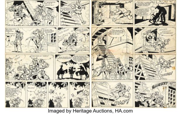 Albert Uderzo De Ruige Ridder, De Verwenste Baron - Belloy, Le Baron Maudit Story Pages B.143-B.144 Original Art Group of 2 (Het Belang van Limburg, 1954). (Total: 2 Original Art) | Heritage
