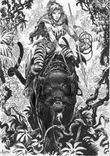 Aouamri, Mohamed | Aouamri, Mohamed - Dessin original - Chasseresse sur panthère noire - (2019) | Catawiki