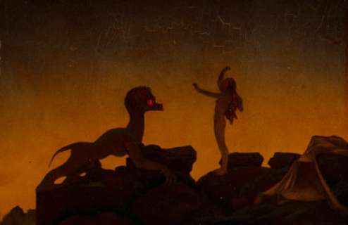 Hannes Bok (American, 1914-1964) A Woman Wailing for her Demon Lover, 1936 Oil on board 9-7/8 x 15 inches (25.1 x 38....