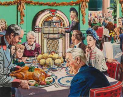 Albert Dorne (American, 1904-1965) - An American Tradition, Saturday evening post interior for Wurlitzer ad illustration...