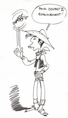 Morris | Lucky Luke, dédicace au feutre fin sur feuille libre réalisée pour la radio Contact 2. | Septimus