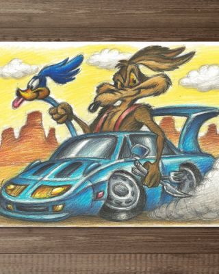 Joan Vizcarra - 1 Crayon original - Wile E. Coyote & Road Runner Car Ride – Original Pencil Artwork – Hand Signed | Catawiki