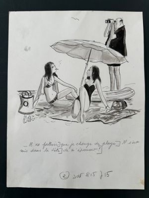 Testu, Roger - 1 Original drawing - Le Figaro - Il va falloir que je change de plage - 1961 | Catawiki