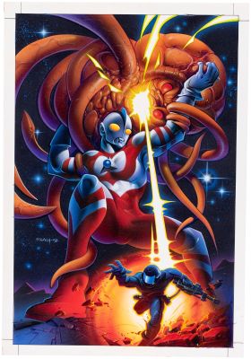Lot 63 - KEN STEACY ULTRAMAN #1 COMIC BOOK COVER ORIGINAL ART PAINTING. | Hake’s