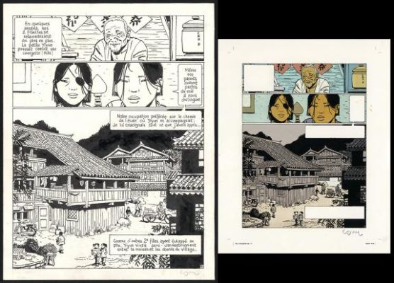 Cosey | Planche originale n°51 accompagnée de sa mise en couleurs, rustine de texte collée en case n°3 - Yiyun | Daniel Maghen