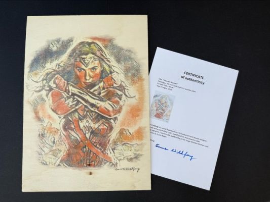 Emma Wildfang - 1 Original drawing - Wonder Woman - Gal Gadot - Ink and Chark Coal on a Wooden Plate (incl. Certificate) - 2018 | Catawiki