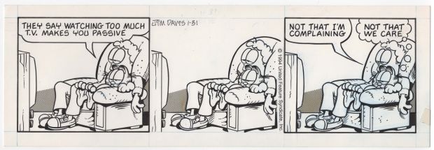 Jim Davis | Striscia originale daily comic strip Garfield. Cm. 38 x 13. Paws /United Feature Syndicate 31-01-1994. Firmata. | Art e Fumetto