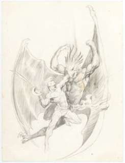 Bernie Wrightson (attributed) and Jeffrey Jones (attributed) - Man versus Dragonman Illustration Original Art (c. 1970s).... | Heritage