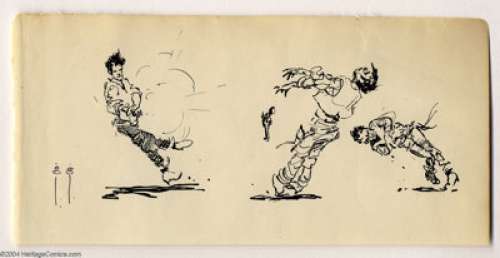 Frank Frazetta - Original Sketch of a Gunfight (undated). Action-packed pen and ink drawing, with three figures. - | Heritage