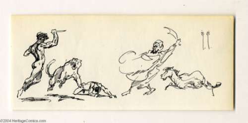 Frank Frazetta - Arabian Fight Sketch Original Art (undated) A lot of action in this ink sketch -- a male nude - | Heritage