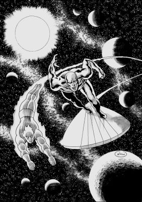 Jean-Yves Mitton - Silver Surfer & Human Torch Mixed Media Pinup (Possibly Published)