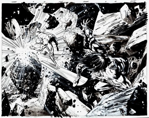 Jackson (Butch) Guice | Skaar: Son of Hulk #7 P 12-13 Double Spread Splash (Silver Surfer Blasts Skaar in a Great 3-D Scene!) 2008 | Romitaman