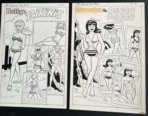 Dan Decarlo | Two Sexy Decarlo Pin-Ups - Veronica + Betty in Bikinis on the Beach - To Be Sold As a Pair Issue Betty And Veronica Summer Fun # 147 Page 8 And 51 | Koch Comic Art