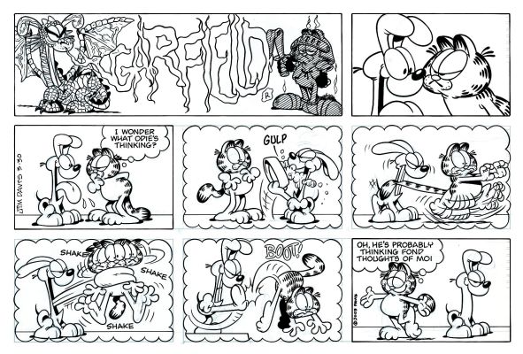 Jim Davis | Garfield Sunday Strip (Odie & Garfield Drawn As Dragon & Dragon Slayer Early on As Odie Beats Up Garfield....in His Mind! Lol!) 3-30-2003 | Romitaman