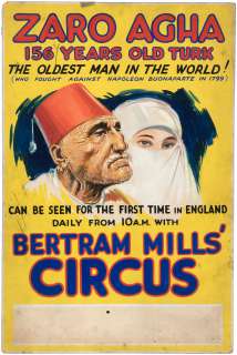 BERTRAM MILLS‘ CIRCUS - ZARO AGHA - THE OLDEST MAN IN THE WORLD CIRCUS POSTER ORIGINAL ART.