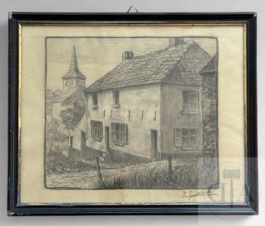Ep Jacobs / Dessin Original Illustrant La Maison Natale Du Père D’edgar À Forest (Bxl). Œuvre de Jeunesse Réalisée À La Mine de Plomb Et Fusain Sur Papier. Document Très Rare. Signé. Tbe+. Encadrement Compris: 47 X 38 Cm |  | Dagoty