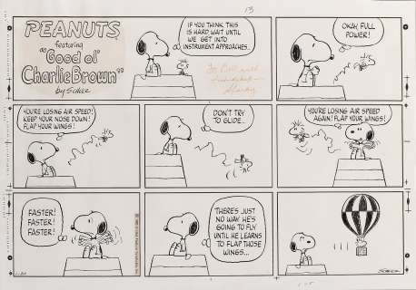 Charles Schulz original Peanuts Sunday comic strip featuring â€œSnoopyâ€ and â€œWoodstockâ€. | Profiles in History