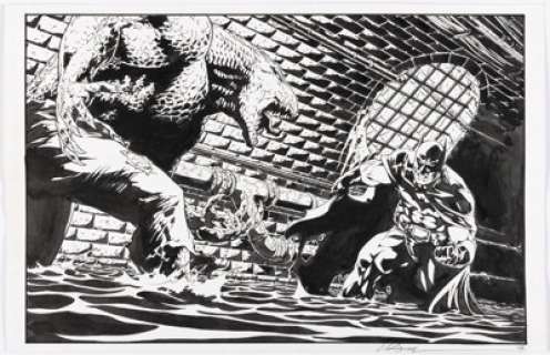 Unidentified artist - superhero sketches - Jim Califiore - Batman vs. Killer Croc Illustration Original Art (undated)....