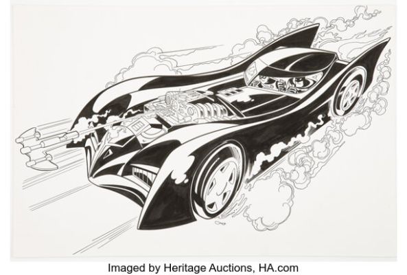 Al Bigley and Mike DeCarlo The New Batman Adventures Batmobile Toy Package Illustration Original Art (DC/Kenner, 1997).