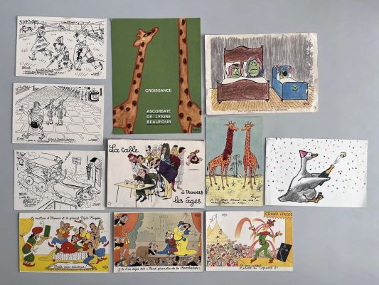 Lot de publicités médicales illustrées par Raymond Savignac, Jean Pouzet, Sennep, Albert Dubout et Jean Bellus (la table à travers les âges) et Siné. - Lot 388 : On joint une carte postale Champagne d‘après Raymond Savignac.