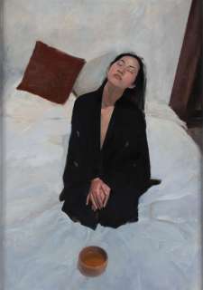 Jon J. Muth original kneeling female figure painting.