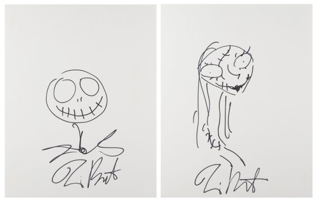 Lot 295 - Tim Burton (2) Signed Sketches - Jack Skellington and Sally from The Nightmare Before Christmas | RR Auction